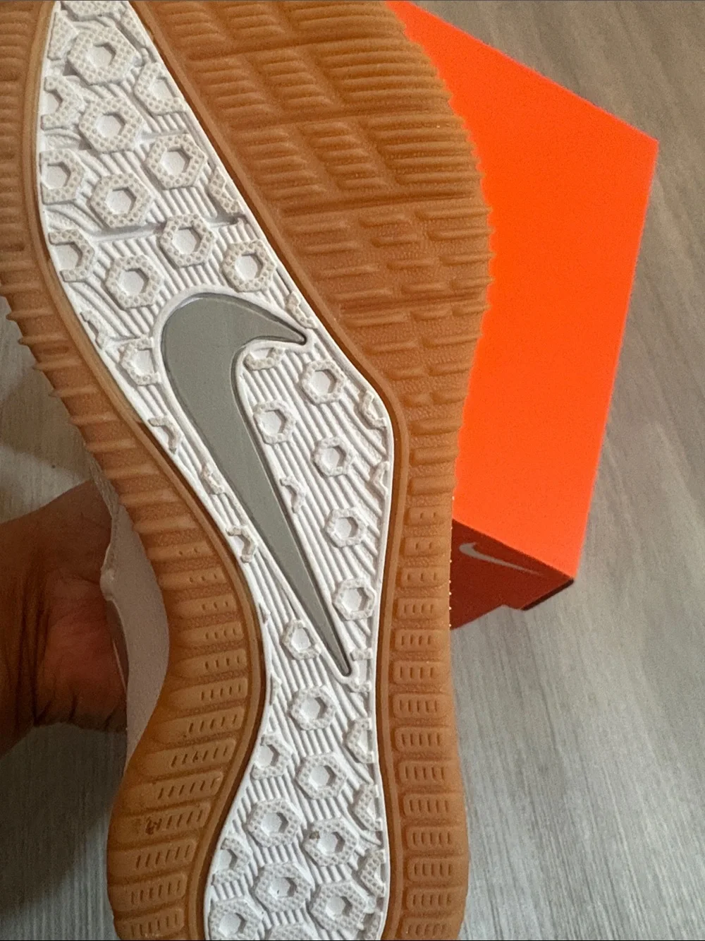 Nike Women’s White Mesh and Silver Swoosh Sneakers